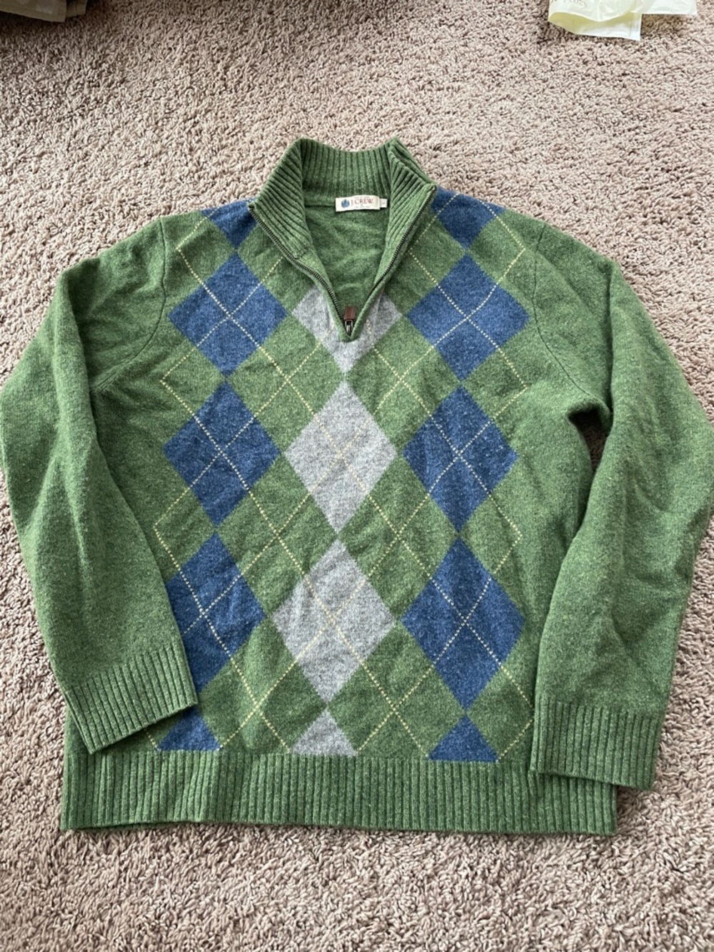 J. Crew Green Argyle Quarter-Zip Sweater 100% lambs wool